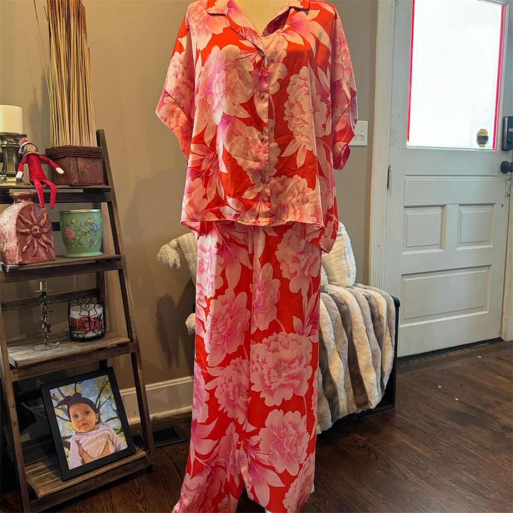 Sofia Intimates Satin Floral Pajama Set Women's Plus Size 3XL Multicolor Button